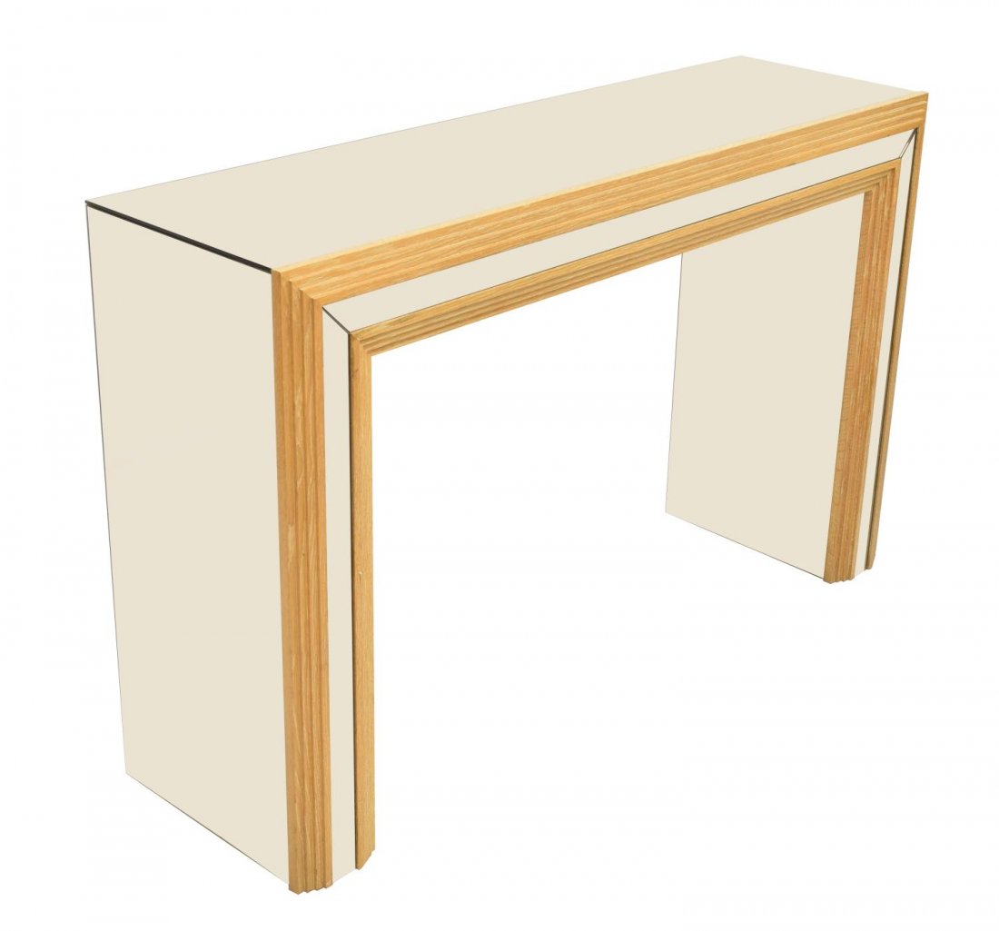 FRENCH MODERN OAK & MIRRORED GLASS CONSOLE TABLE: French modern console table, c. 1980, having mirrored glass at top and sides, the front with stepped oak decoration, 30"h, 47.25"w, 13.75"d Start Price: $150.00