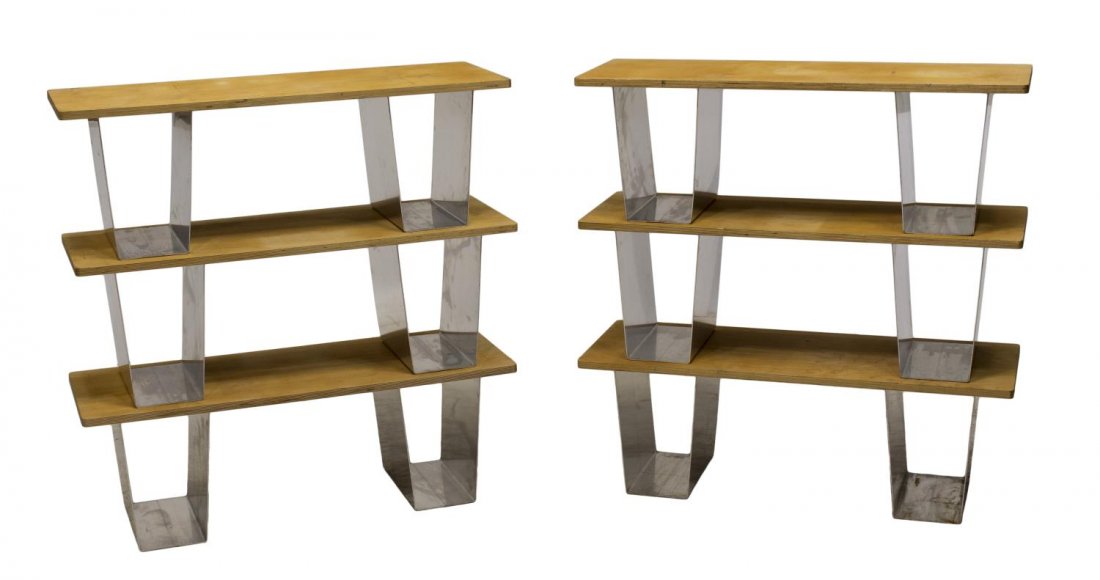 (6) BIRCH PLYWOOD & METAL STACKABLE BOOKSHELVES: (lot of 6) Birch plywood and stainless steel stackable bookshelves, each having a rectangular top over two u-shaped stainless steel bracket legs, each: 13.5"h, 40"w, 15"d *Provenance: The estate of Fe