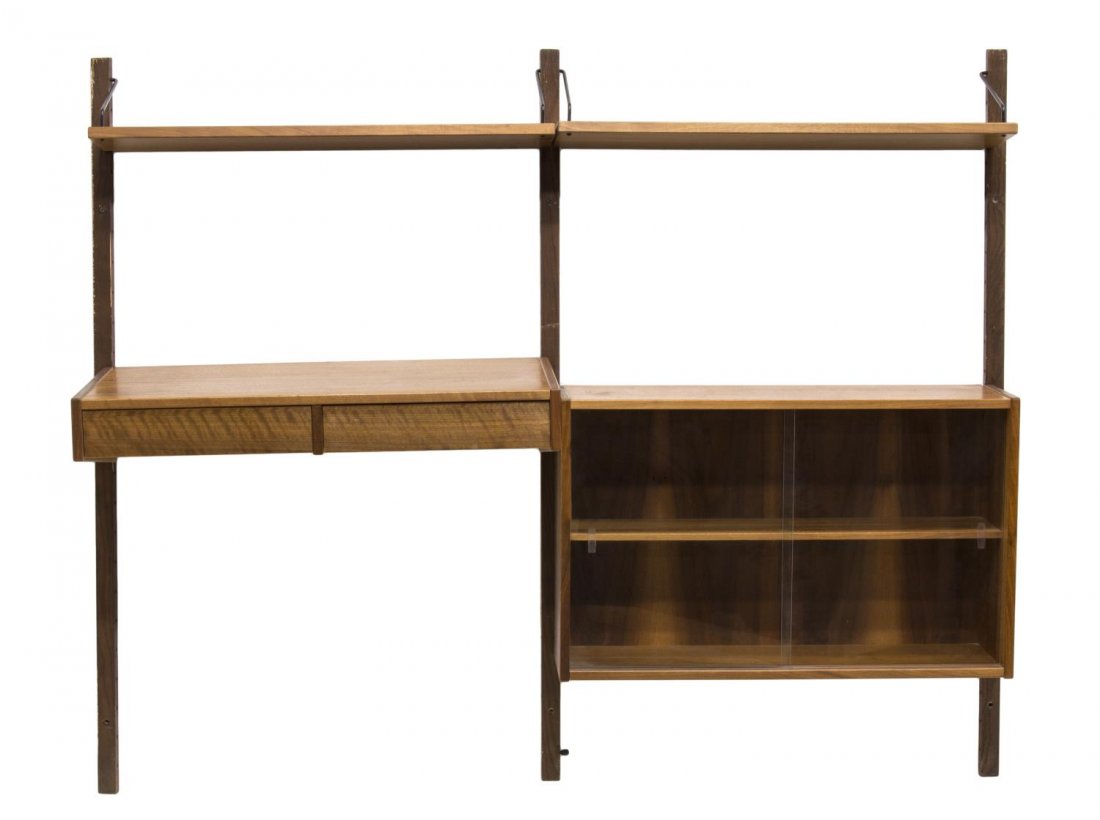 CADO WALL SYSTEM, BOOK SHELF & WRITING SURFACE: Cado wall system, design by Poul Cadovius, wall mounted in two bays, one bay with an upper shelf over a writing surface with two drawers, the other bay with an upper shelf over a two shelf cabinet, wi