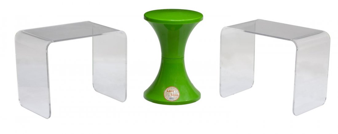 (3) CONTEMPORARY SIDE TABLES, TAM-TAM & ACRYLIC: (lot of 3) Contemporary side tables, comprising: (1) green tam-tam stool, by Branex Design, 18"h, 12" diam.; (2) clear acrylic side tables, each being a single piece bent into rectangular table form, 