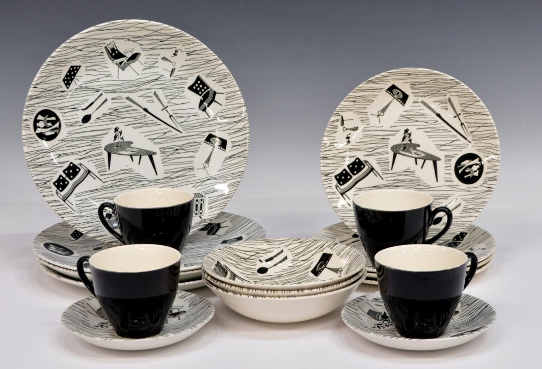 (17) RETRO HOMEMAKER ENID SEENEY DINNERWARE: (lot of 17) Mid-century Staffordshire Ridgeway Homemaker "Enid Seeney" partial dinner service, decorated with mid century modern pattern of furniture and decorative items, comprising: (4) dinner plate
