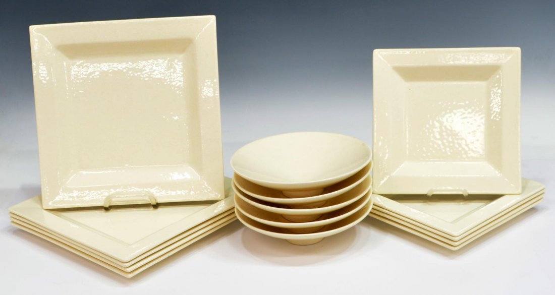 (15) CONTEMPORARY MOLIN FRANCE DINNER SET FOR 5: (lot of 15) Contemporary Molin France dinnerware, cream colored glaze, marked "Charolles Makers of Faience" underfoot, comprising (5) square dinner plates, 10.5" w; (5) salad plates, 8.25"w; (5) bowls