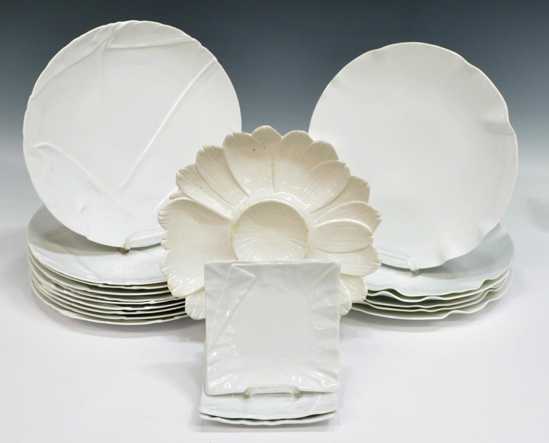 (20) ANGELA CUMMINGS DESIGN WAVE & FOLD PLATES: (lot of 20) Collection of Angela Cummings service plates, including: (6) white plates of wavy form, 10.75"diam; (10) white plates with fold and wrinkle decor, 10.5"diam; together with (3) similar Tamp