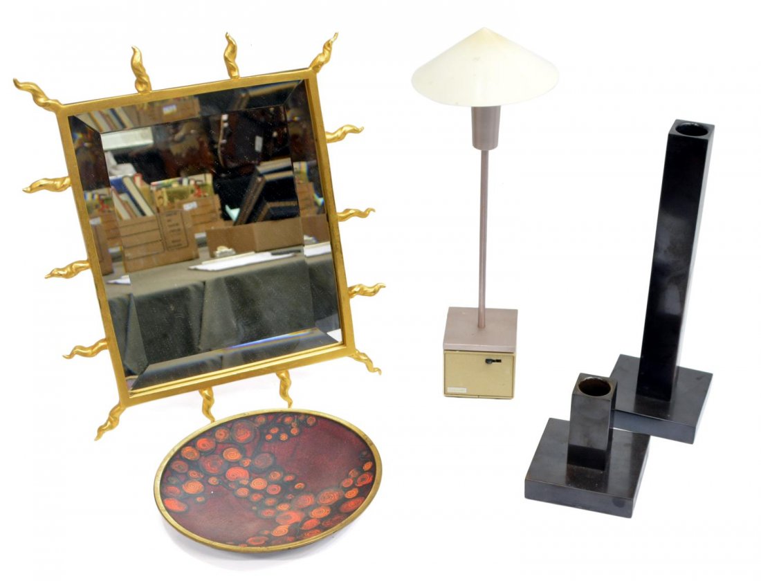 (5)MID-CENTURY TO MODERN DESIGN ITEMS, SWID POWELL: (lot of 5) Mid-Century to modern design items: (pair) Swid Powell for Calvin Klein candlesticks in a bronze finish, (one) 10.75"h, (one) 3.75"h; (1) Mid-century K Ru Western German and enamel cabinet