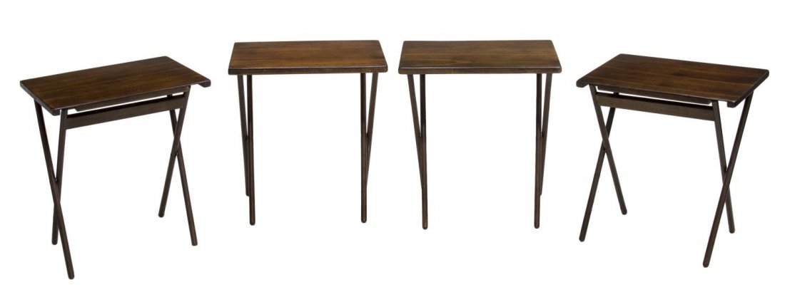 (4) CONTEMPORARY FOLDING SIDE TABLES TV TRAYS: (set of 4) Contemporary folding side tables/t.v. trays, rectangular tops over folding bases, 25"h, 22"w, 15.5"d *Provenance: The estate of Ferris and Jeanette Nassour owners of the iconic store, "The 