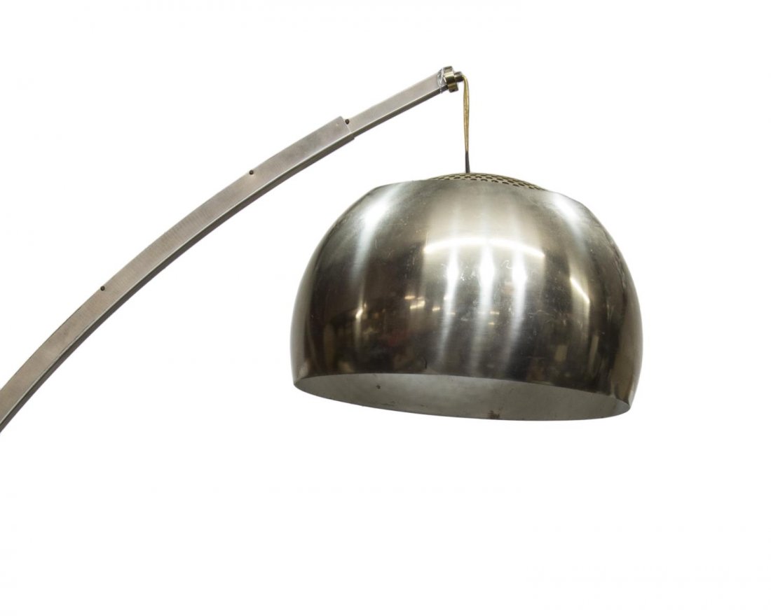 ITALIAN MODERN ARCO FLOOR LAMP ACHILLE CASTIGLIONI: Italian modern Arco floor lamp, design by Achille and Pier Castiglioni (1918-2002; 1913-1968) for Flos Lighting, a curving stainless steel lamp on the marble base, marble, approx. 94", 76", 12" Start