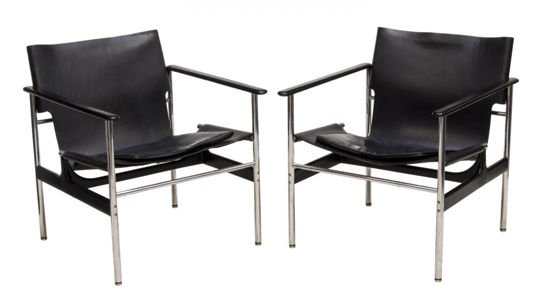 (2) POLLOCK #657 CHROME & LEATHER CHAIRS FOR KNOLL: (lot of 2) Mid-century modern sling chairs, 1960 design #657 by Charles Pollock (1930-2013) for Knoll Associates, black leather on the chrome steel frame, retaining Knoll tags at cushions and undersid