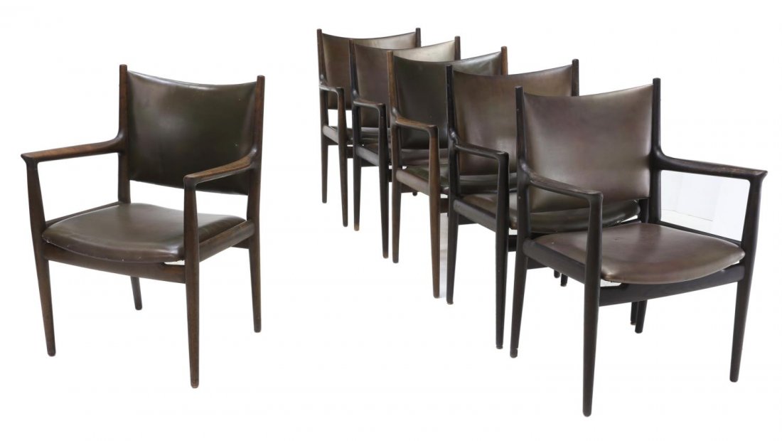 (6) HANS WEGNER JH-513 CONFERENCE ARM CHAIRS: (lot of 6) Mid-century modern oak framed arm "Conference" chairs, model JH-513, design by Hans Wegner (Denmark, 1914-2007) for Johannes Hansen, vinyl back and seat rising on turned supports, retaining