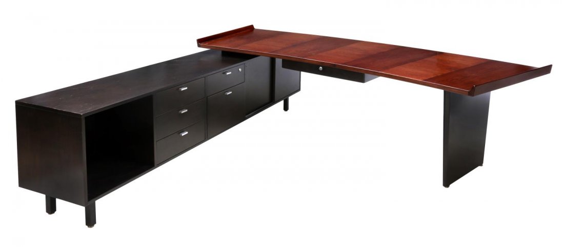HARVEY PROBBER ROSEWOOD EXECUTIVE DESK & RETURN: Harvey Probber (1922-2003) design executive desk with return, a curved rosewood top with upturned ends, the walnut veneer return having sliding doors, drawers and shelved storage, top: 29.25"h, 98"w,