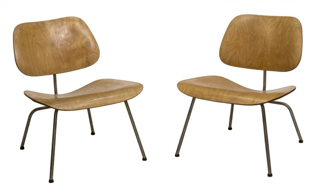 (2) LCM CHAIRS, CHARLES & RAY EAMES, HERMAN MILLER: (lot of 2) Mid-century modern birch laminate chairs, "LCM" (lounge chair metal), design by Charles and Ray Eames (1907â€“1978; 1912â€“1988) for Herman Miller, shaped and curving birch veneer