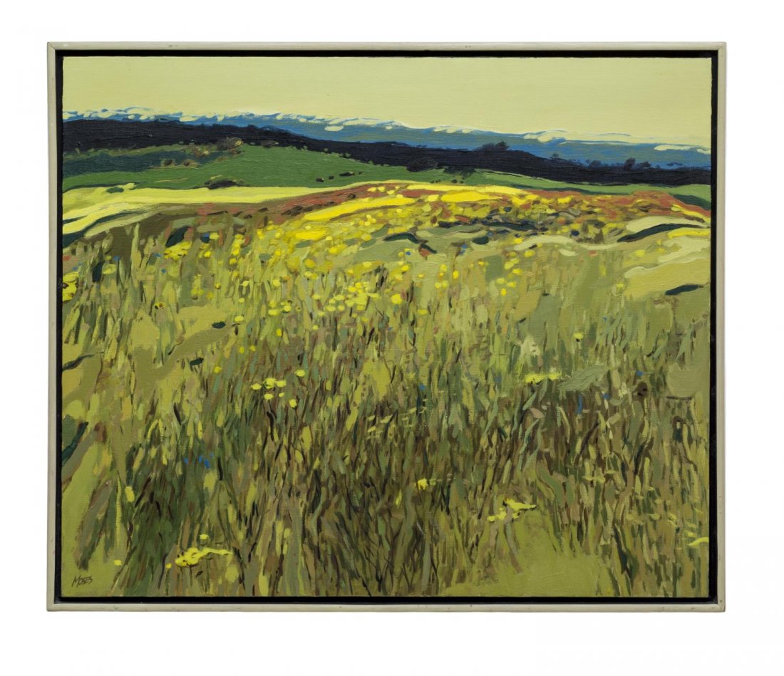 FOREST MOSES (B. 1934), MENDOCINO PAINTING: Framed oil painting on canvas, "Mendocino Grasses", signed lower left Moses (Forest Lee Moses, Virginia, New Mexico, b. 1934), signed again at verso, dated at Carmel, 1966 with gallery tag of Carmel V