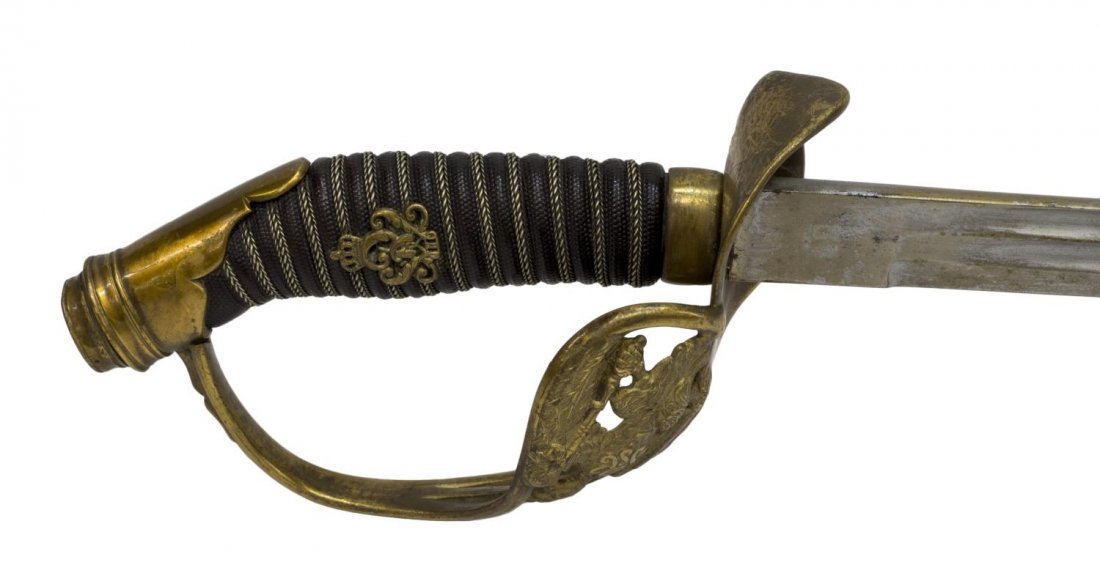 1889 PRUSSIAN KAISER WILHELM II OFFICER SWORD: German Prussian officers sword, pattern of 1889, a straight double fuller blade marked at the ricasso W.K & Co. (Weyersberg, Kirschbaum & Co., Solingen, Germany), the gilt guard with a pierced eagle b