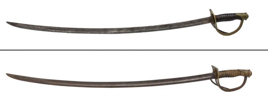 (2) U.S. CIVIL WAR ERA CAVALLRY SABERS: (lot of 2) U.S. Civil War Union army cavalry sabers, believed to be model 1860: (1) 35" blade marked 186 (0 worn off) at the ricasso, a torn black leather grip lacking wire, tip broken, the guard stam