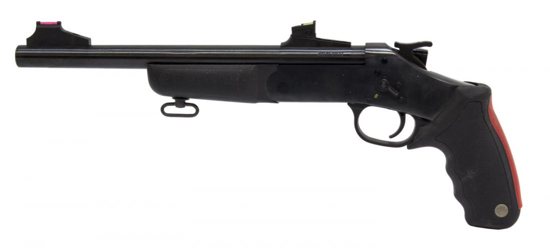 ROSSI / TAURUS .45CAL / .410 GAUGE PISTOL, .22LR: Rossi Matched Pair pistol, a .45 caliber/ ,410 gauge barrel with .22LR caliber changeable barrel, Mfg by Taurus, Brazil, Model P4102211, single shot, both 11" rifled barrels in black finish, hard rubb