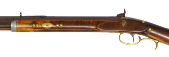 BLACK POWDER .54 CALIBER REPRO RIFLE: Black powder percussion reproduction rifle, .54 caliber, 28.5" octagonal barrel marked GF, brass trigger guard and butt plate, brass nail head decoration, maple stock, SN 1158 Start Price: $125.00