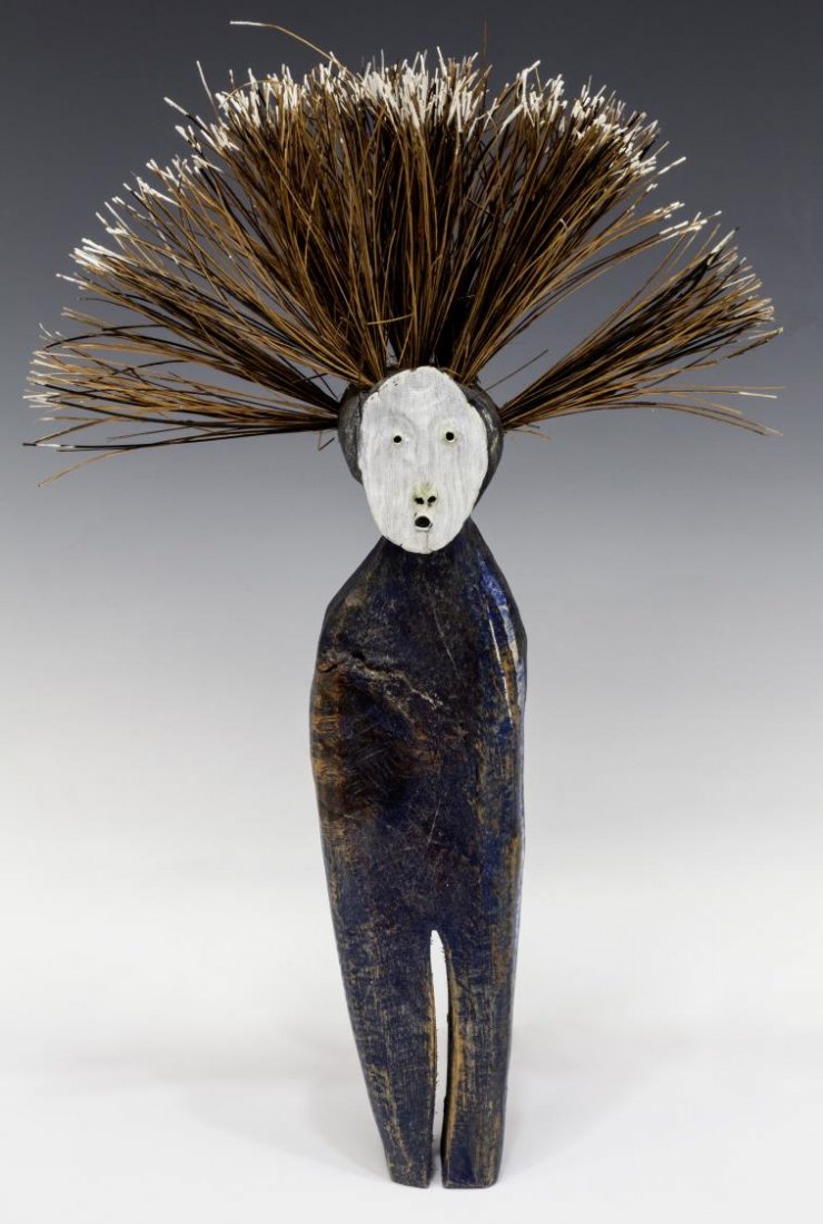 (2) JIM COTTER FIGURE & BETH DARLING PAINTING: (lot of 2) Modern painting and figural wood carving: (1) figure, attributed to Jim Cotter (American, 20th c.) mixed media carving, Spirit Chaser, the carved wood figure in blue paint, with applied whi