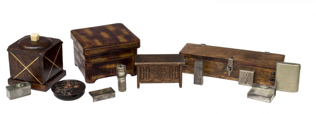 (5) ANTIQUE TO VINTAGE WOOD TABLE BOX GROUPING: (lot) Collection of table and other boxes including (1) Asian tiered box with sectioned interior (wear to finish), (1) delicately painted lacquer box, ciruclar form with cut out loss at side, (1) box