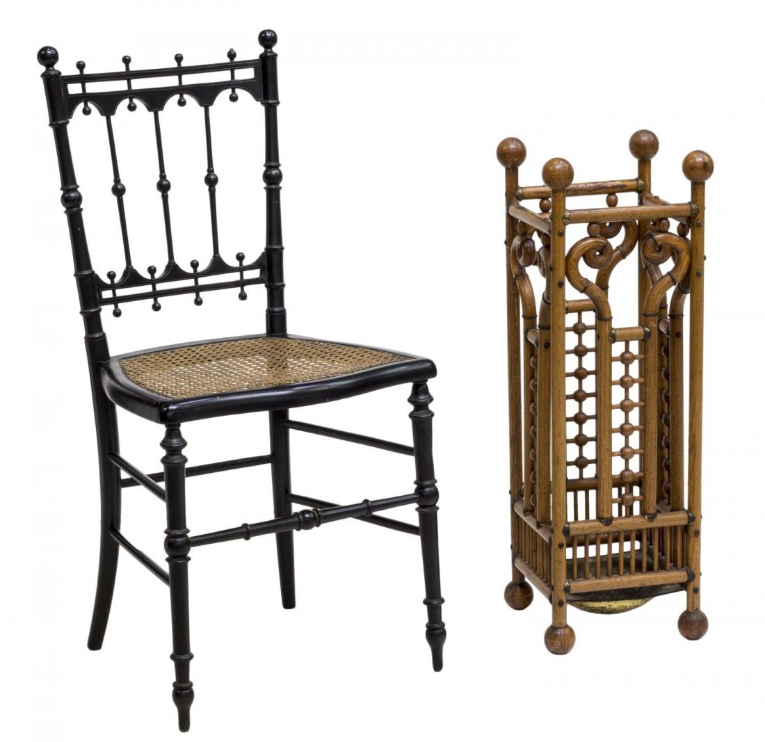 (2) VICTORIAN STICK & BALL FURNITURE, CHAIR, STAND: (lot of 2) Victorian stick and ball furniture, early 20th c., comprising: (1) ebonized chair, with ball form finials over spindle back, above the caned seat, rising on turned legs with joined support,