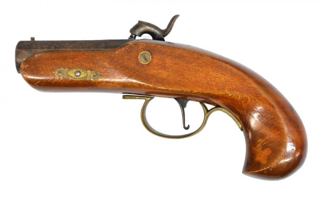 SPANISH REPRODUCTION PHILADELPHIA DERRINGER: Spanish "Philadelphia Derringer", reproduction, .45 caliber percussion muzzle load, 3" octagonal barrel on wood stock, SN 133032 Start Price: $40.00