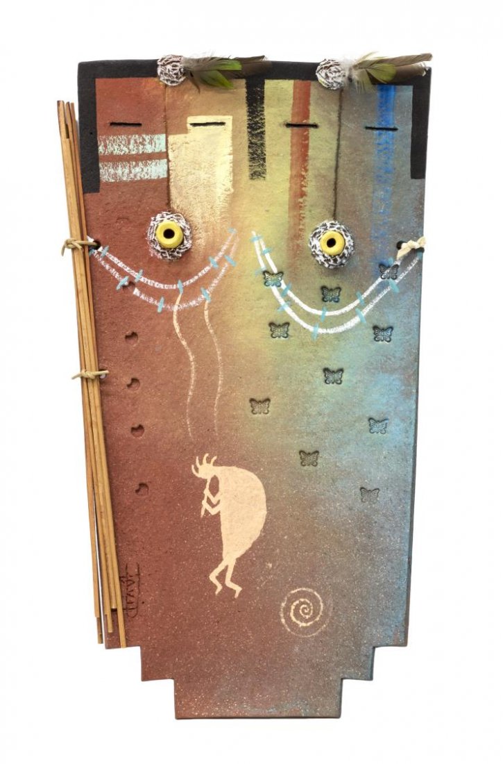 DAVID JOHN NAVAJO NATIVE AMERICAN CLAY YEI MASK: Native American clay sculpture, Yei Mask, by David John, Navajo, accented with feathers, sticks and leather, impressed butterflies, colorful paint and image of Kokopelli on lower face, signed lower le