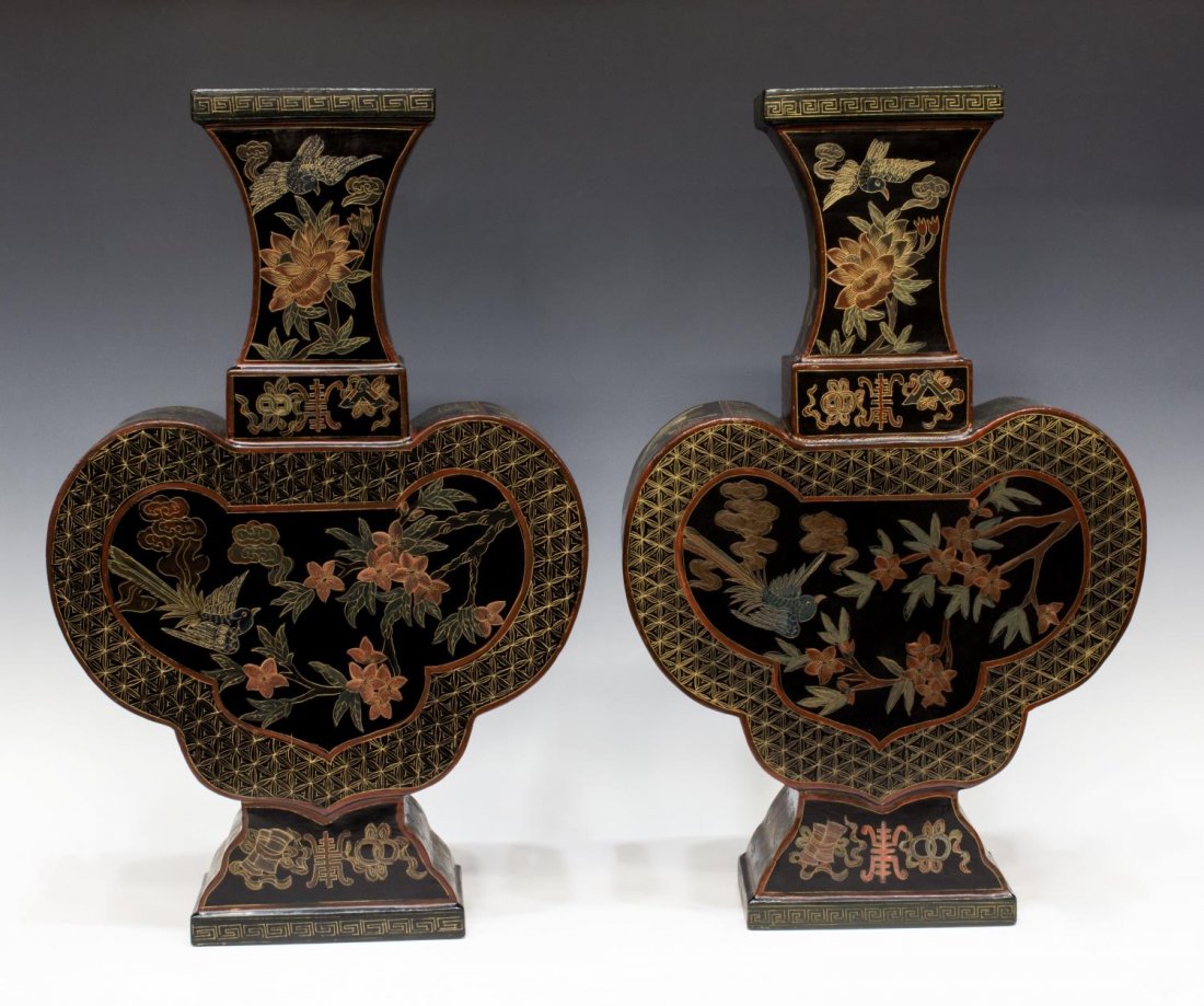 (PAIR) CHINESE BLACK LACQUER PAPIER MACHE VASES: (pair) Chinese black lacquer papier mache vases, each with a squared rim over tapered neck, above a shaped body, decorated with etched gilt lines and reserves of foliage and birds, rising on rectangul