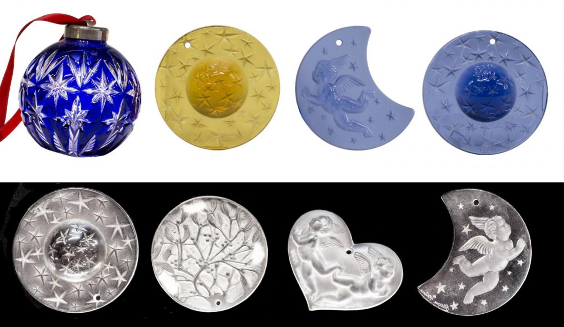 (8) LALIQUE ART CRYSTAL CHRISTMAS TREE ORNAMENTS: (lot of 8) Art crystal Christmas tree ornaments, (7) signed Lalique, various years and styles, (1) cobalt cut to clear ball with silverplate topper, 3"h, 1.5lbs *Provenance: The estate of Ferris and J