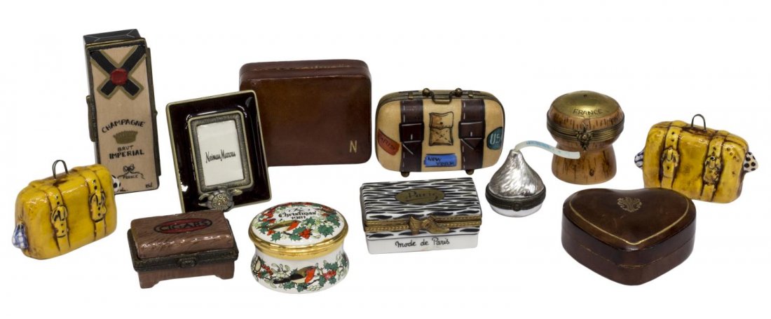 (12) ROCHARD LIMOGES & LEATHER MINIATURE BOXES: (lot of 12) Collection of porcelain and leather clad miniatures: (4) Limoges porcelain boxes, all signed Rochard (one) suitcase, signed Rochard, (one) Brut Imperial Champagne case with bottle, signed 