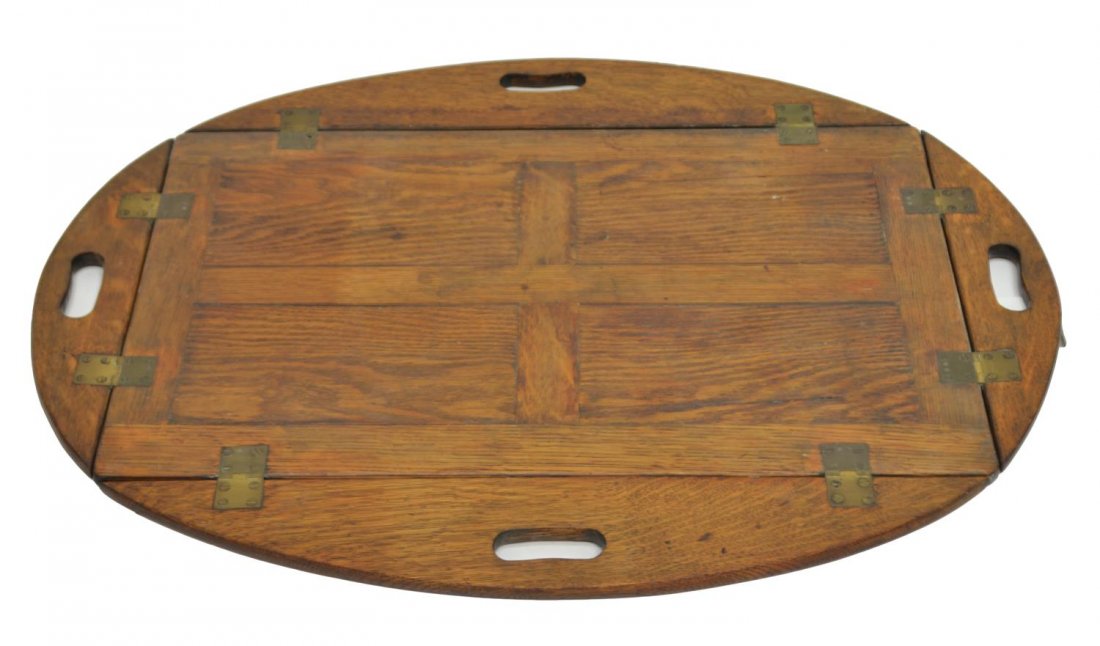 (3) ANTIQUE METAL TRUNK, SIDE TABLE & BUTLERS TRAY: (lot of 3) Decorative furniture items, comprising: (1) antique metal storage trunk, early 20th c., the bound lid opening to compartment, with side handles, oxidation throughout, 15"h, 25.5"w, 18"d; (1