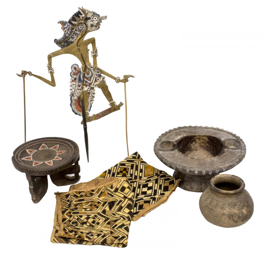 (6) ANTIQUE & VINTAGE WOOD STOOL, PUPPET, TEXTILE: (lot of 6) Antique and vintage handmade items: (1) Indonesian shadow puppet, 22.5"l; (1) small African stool with metal and beaded inlay, natural characteristics to wood, 5.5"h, 8.75"diam; (1) primiti