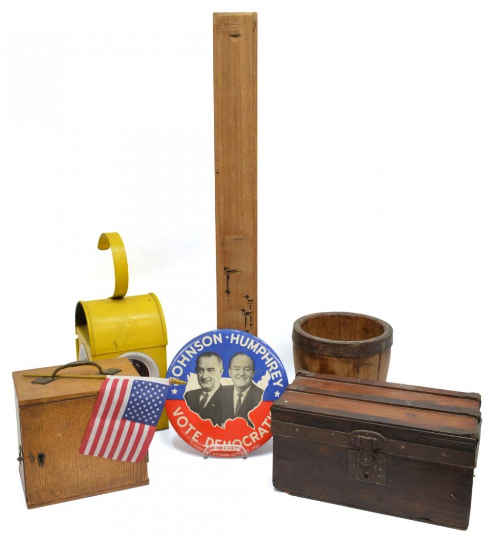 (6) 1964 LBJ BUTTON, DODO LANTERN & COLLECTIBLES: (lot of 6) Vintage collectible grouping: (1) 1964 LBJ Lyndon Johnson Hubert Humphrey 9" Vote Democratic Political Pin Button, 9"; (1) yellow Dodo hanging lantern, 15"h; (1) doll trunk, fitted interior