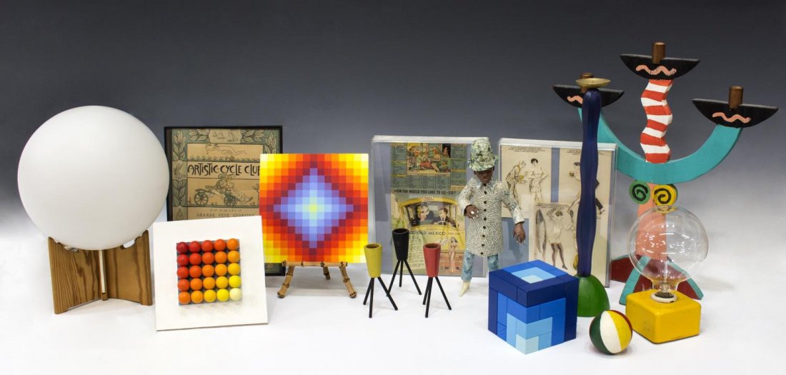 (13) COLLECTION OF WOODEN TOYS, COLLEGE FIGURE,ETC: (lot of 13) Collection of craft items, comprising: (1) Naef block puzzle, approx. 4"h, 4"w; (1) painted round ball, 2.5"h, (1) yellow and red gradient painted wooden ball art, 7"h, 7"w; (1) pixilated 