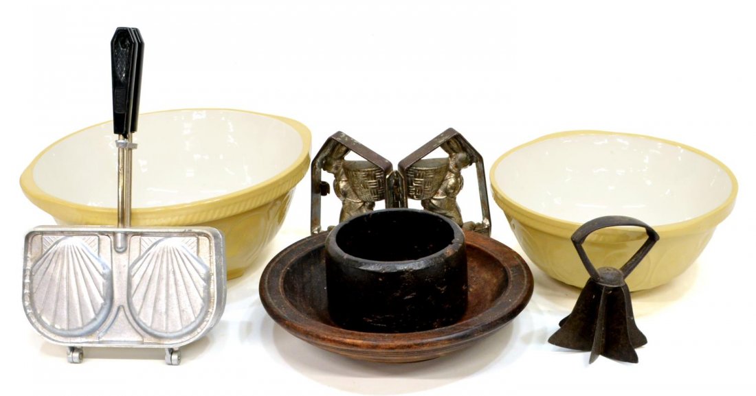 (7) VINTAGE PRIMITIVE KITCHENWARE, WOOD BOWLS: (lot of 7) Vintage primitive and ceramic kitchenware group, including (2) graduated TC Green "Gripstand" creamware mixing bowls, both with some some crazing and interior spotting, (2) primitive carved