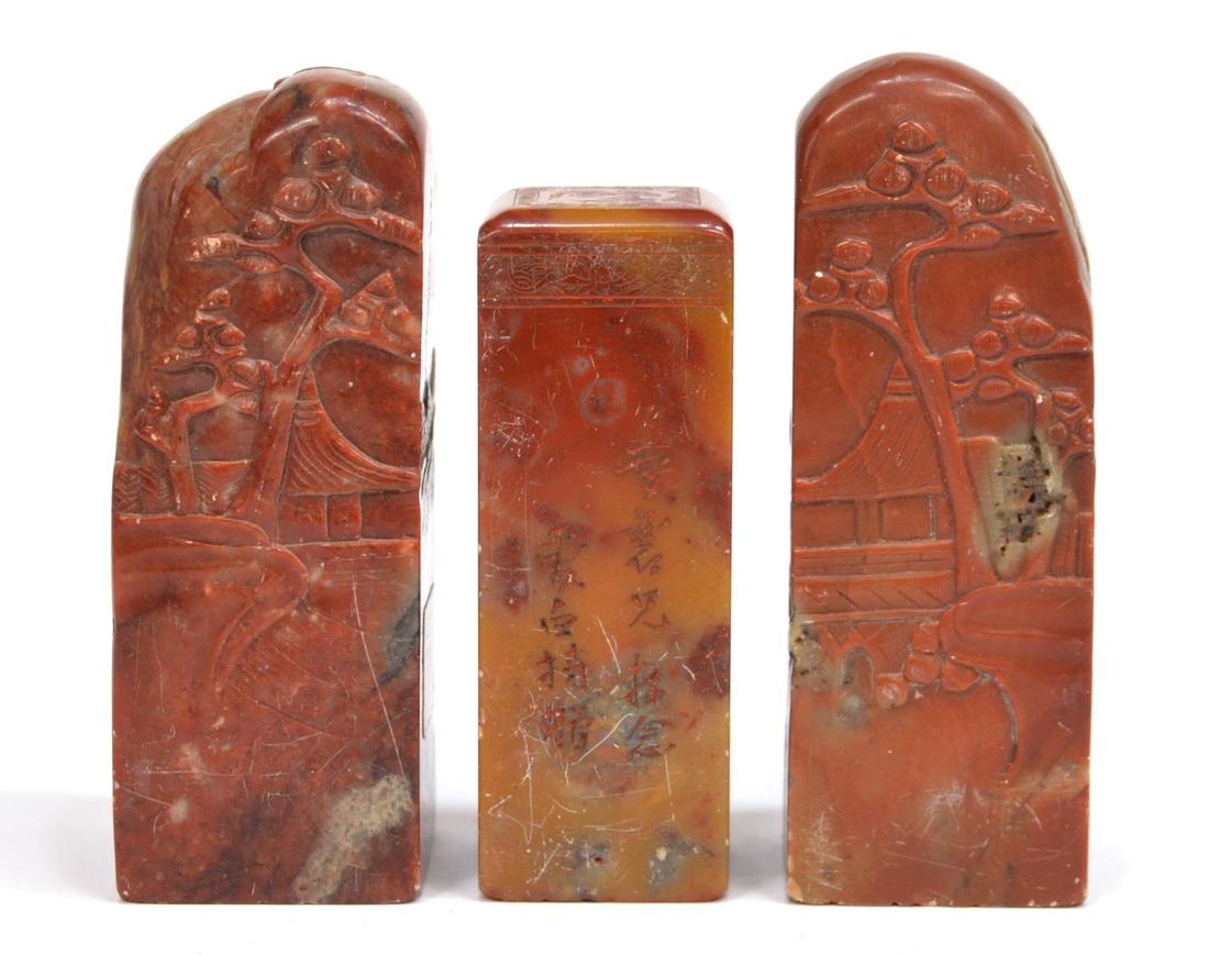 (3) CHINESE CARVED RED HARD STONE STAMP SEALS (1 of 9)