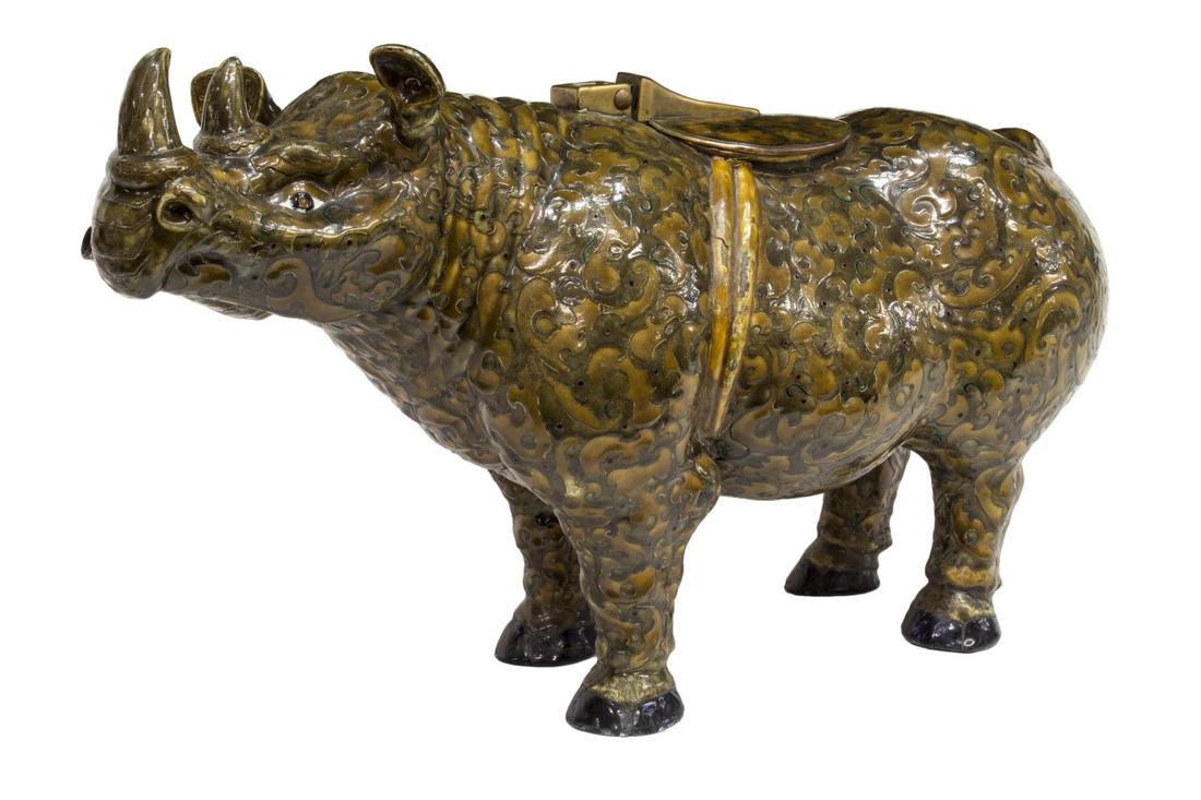 LARGE ASIAN ENAMELED RHINOCEROS INCENSE BURNER (1 of 5)