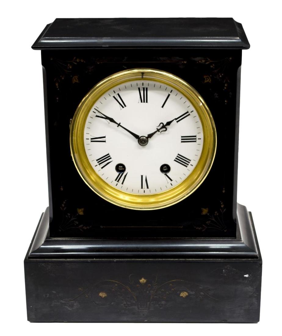 SLATE CASED 19TH C., FLORAL DECORATED CLOCK: Slate cased clock, 19th c., the front decorated with incised floral carving, the circular face with Roman numerals over the time and strike works marked HP & Co., complete with key and pendulum, obser