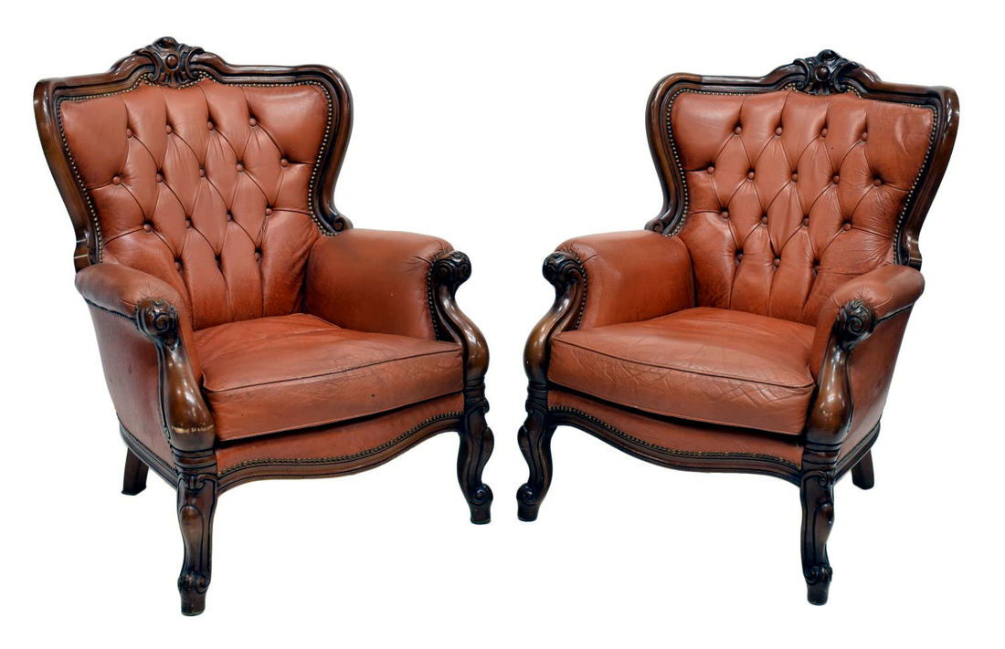 (PAIR) ITALIAN BAROQUE LEATHER WINGBACK ARMCHAIRS (1 of 2)