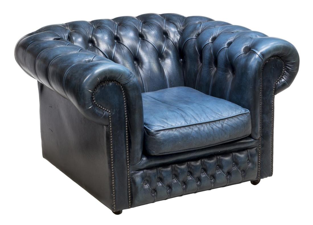 ENGLISH CHESTERFIELD BLUE LEATHER CLUB CHAIR (1 of 3)