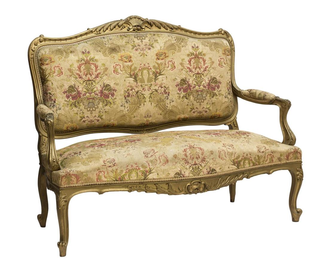 FRENCH LOUIS XV STYLE GILTWOOD OPEN ARM SOFA 19THC (1 of 4)