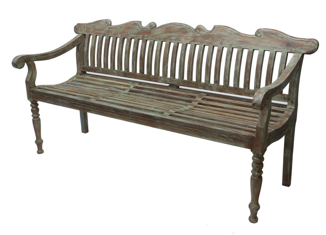 LONG TEAKWOOD GARDEN BENCH IN GREEN PAINT (1 of 2)