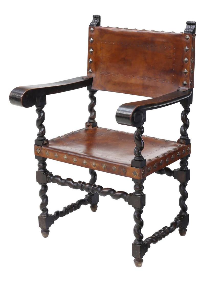 SPANISH BAROQUE CARVED LEATHER ARMCHAIR 19TH C (1 of 3)