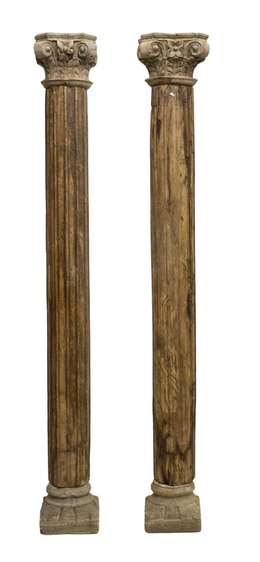 (2) TEAKWOOD & CARVED STONE COLUMNS, 85"H (1 of 2)