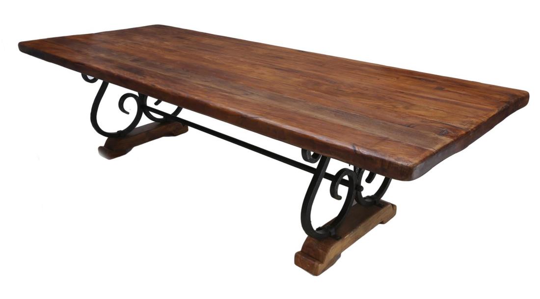 LARGE BURMESE TEAK & IRON DINING TABLE, 120"L (1 of 2)