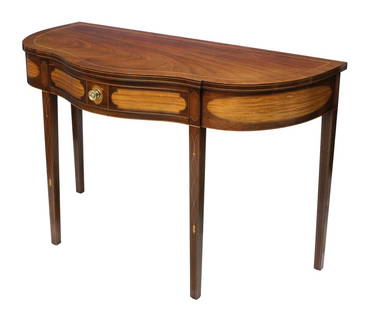 MAHOGANY INLAID SERVER, KINDEL WINTERTHUR COLL.: Federal style mahogany piano finish server, console, or entry table from the Winterthur Collection, Kindel Furniture Company, accented with satin wood inlay, the shaped top with bow front over a singl