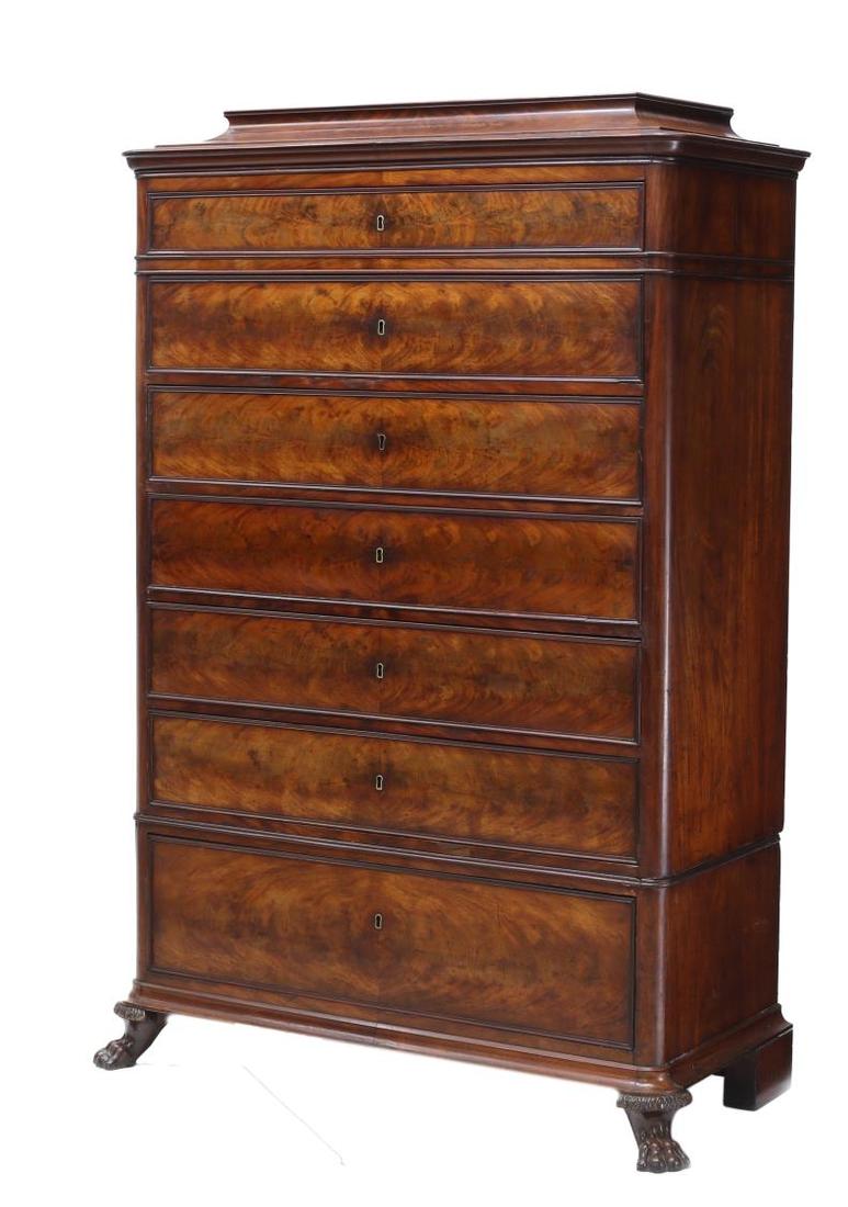 BIEDERMEIER MAHOGANY VENEER TALL CHEST OF DRAWERS: Biedermeier mahogany veneer chest of drawers, Scandinavia c. 1860, having a plinth top over seven drawers, rising on protruding animal paw feet, 63.5"h, 41"w, 18"d Start Price: $300.00