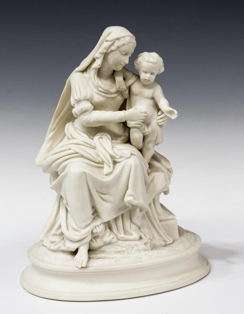 PARIAN SCULPTURE, THE VIRGIN AND THE CHRIST CHILD: Parian sculpture, Virgin and Christ Child, 11"h, 8.75"w, 6.5"d, 4.75lbs Start Price: $80.00