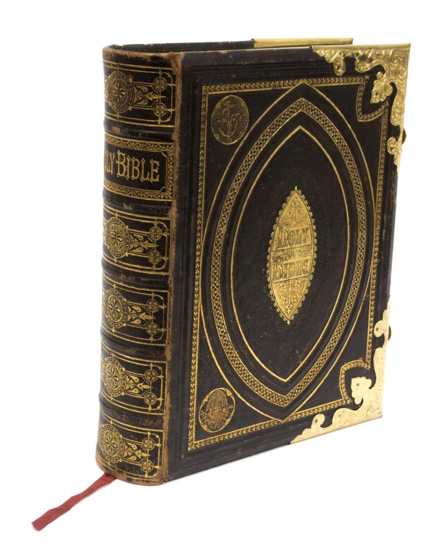 ANTIQUE ENGLISH LEATHER & BRASS BOUND FAMILY BIBLE (1 of 7)