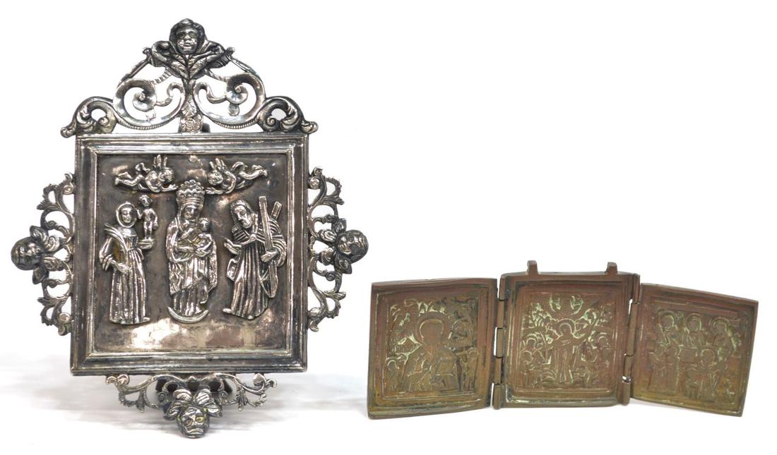 (2) RUSSIAN BRONZE TRIPTYCH & SILVER STANDING ICON (1 of 5)