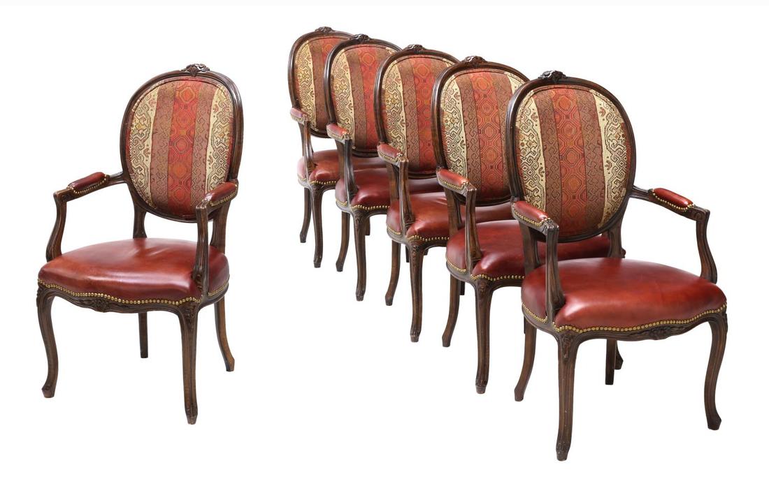 (6) LOUIS XV STYLE LEATHER SEAT ARM CHAIRS (1 of 5)