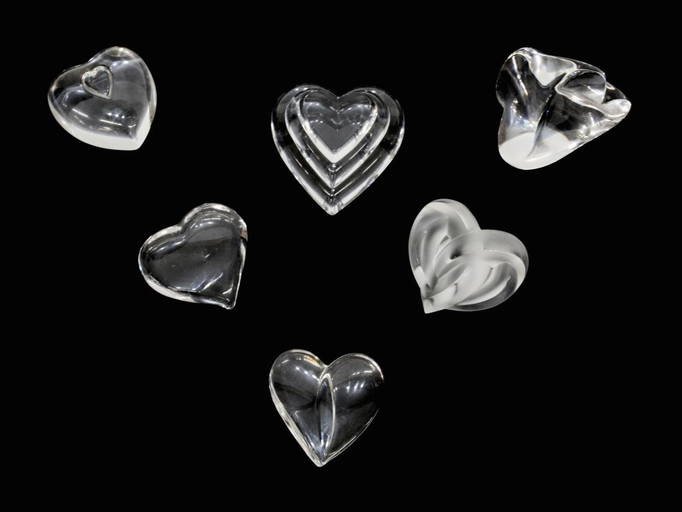 (6) Steuben & Lalique Art Crystal Heart Paperweights