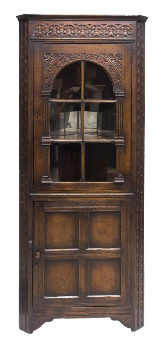 ENGLISH GLAZED CARVED OAK CORNER CABINET (1 of 4)